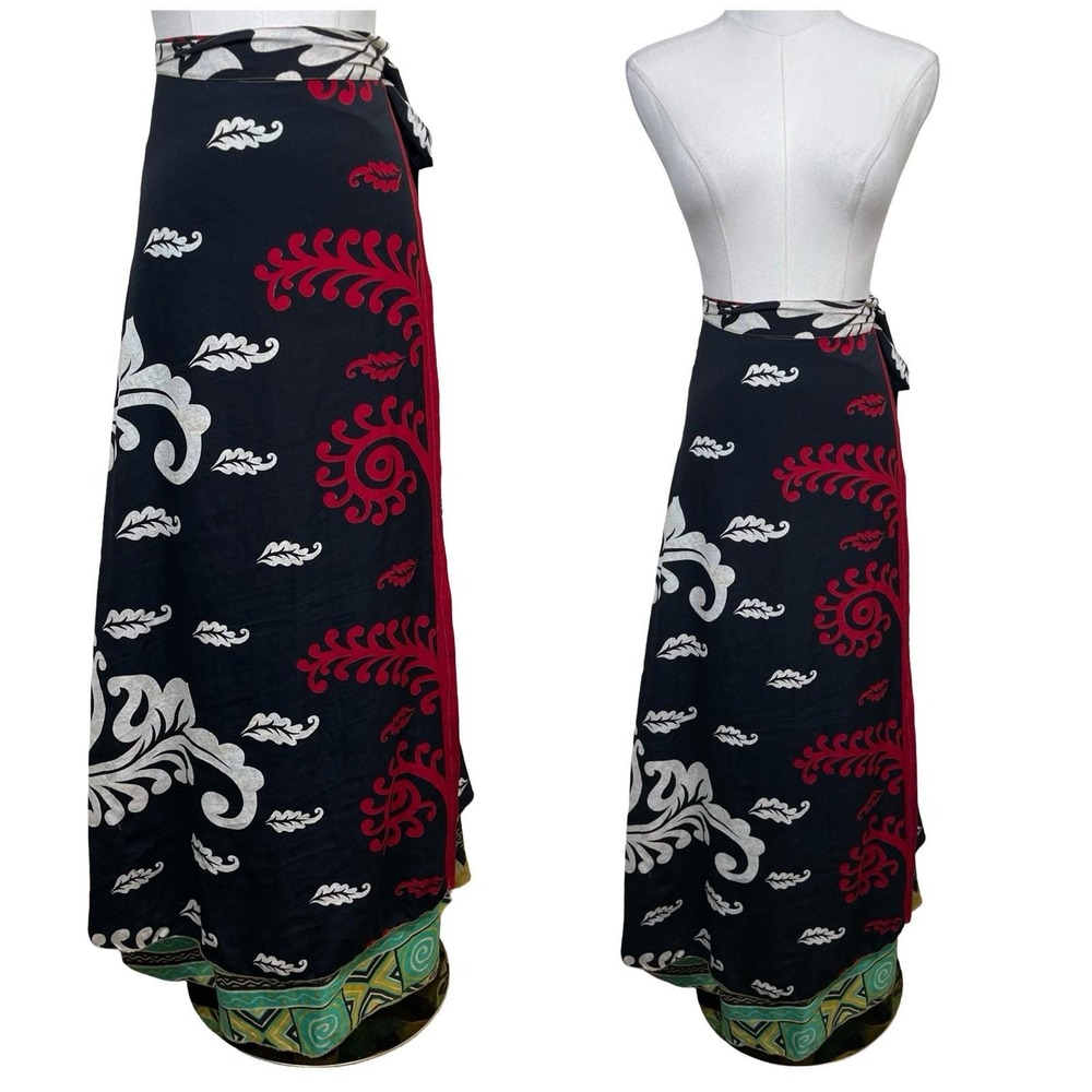 Darn Good Yarn Wrap Silk Maxi Skirt Women 22-26 Black Red Floral Paisley Boho